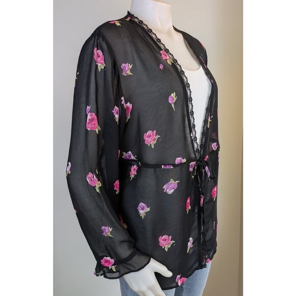 August Max Woman Vintage Sheer Open Blouse Size X Black Pink Floral Rose Lace - Picture 3 of 10